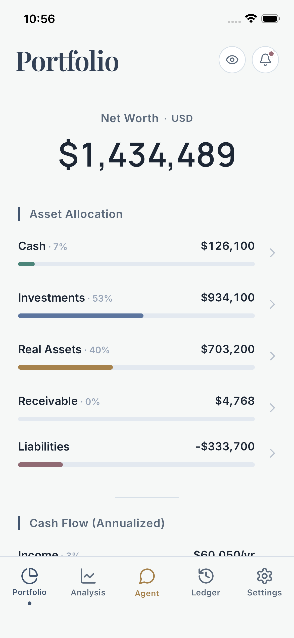 Ginko portfolio showing net worth and asset allocation.