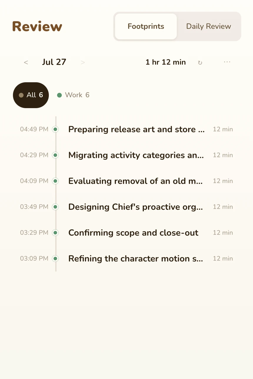 Pocket Chief activity timeline