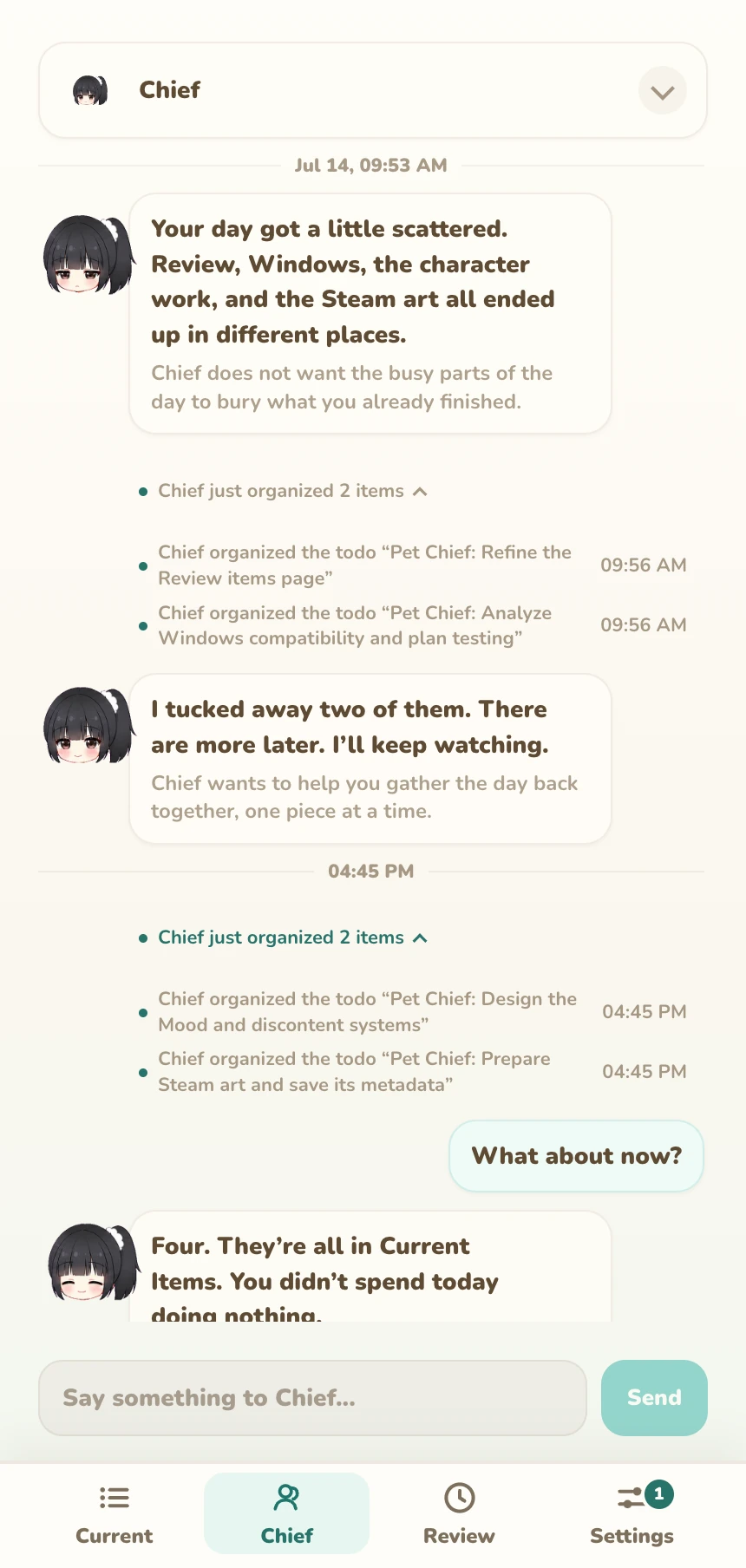 Chief organizes four work items and responds from beside the list