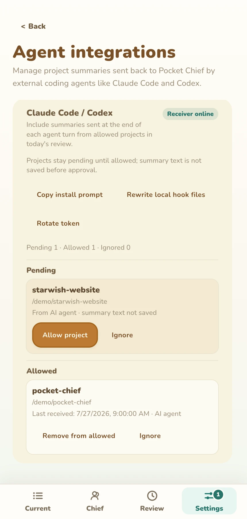 Pocket Chief Agent Integrations with one pending project and one allowed project