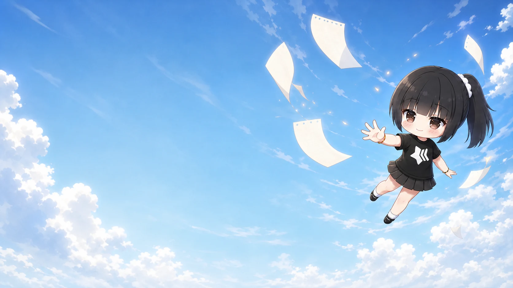 Pocket Chief reaching through a bright sky while loose notes gather around her.