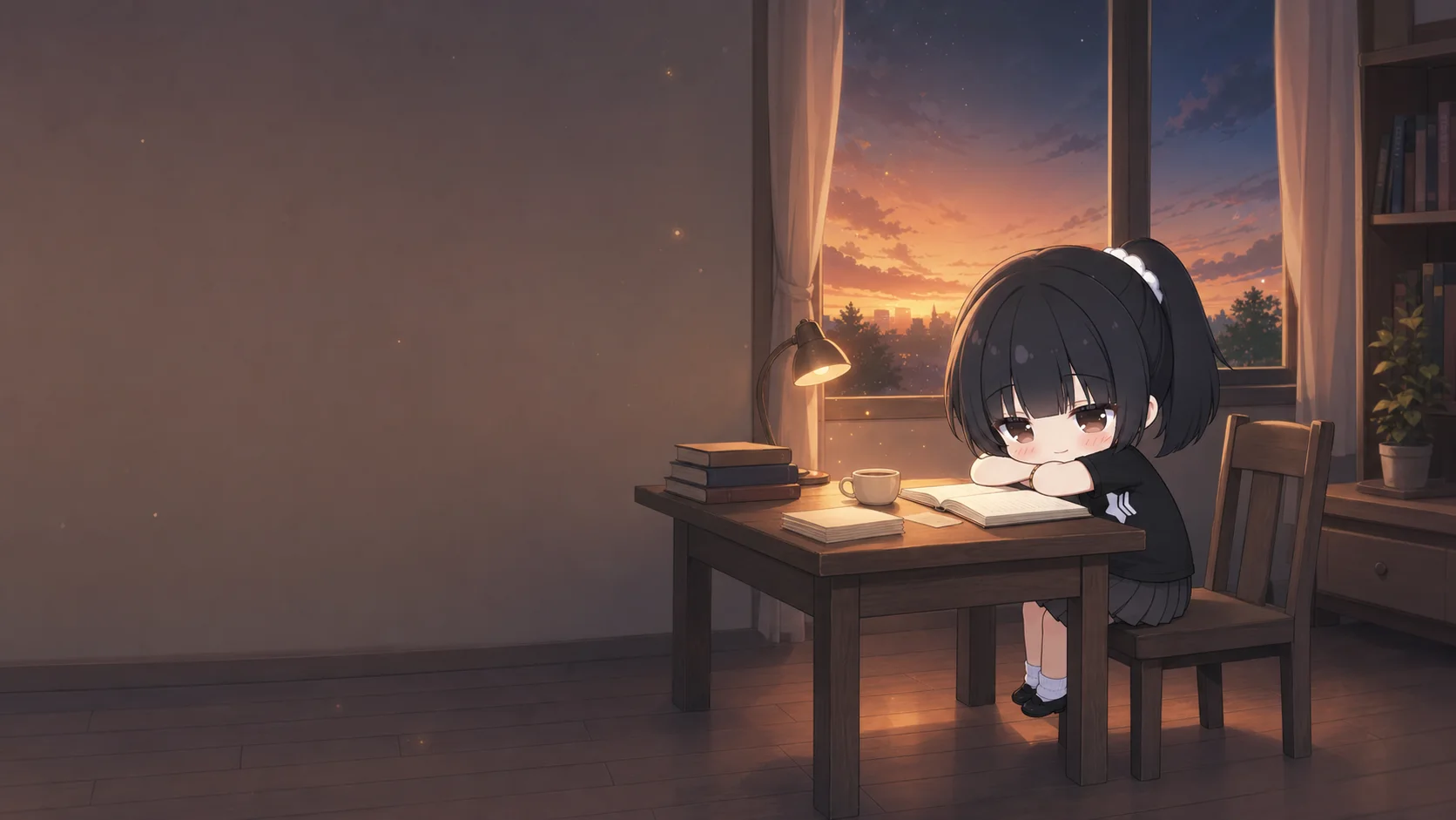 Chief asleep over the notes while sunset fills the room