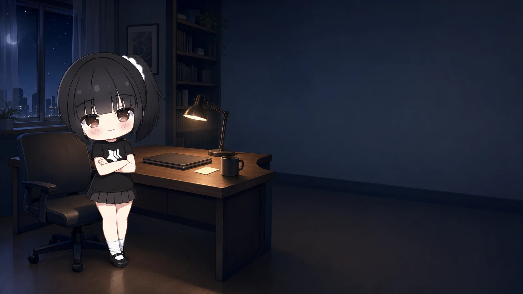 Chief standing by the desk in a quiet room at night