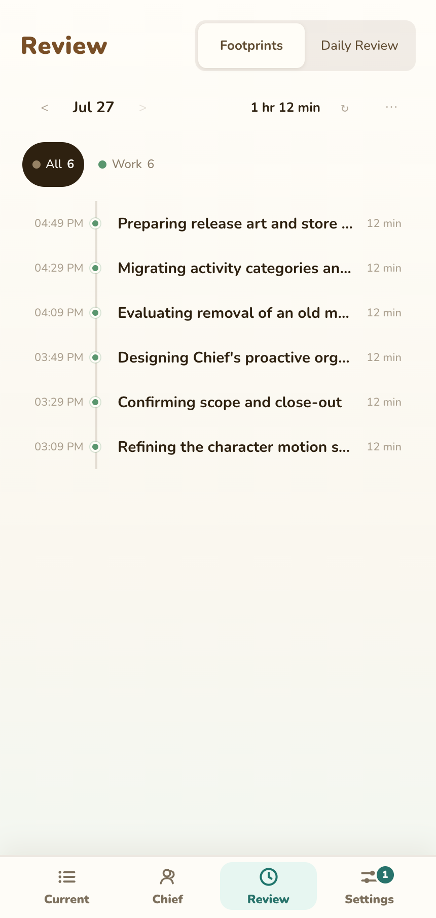 Review Footprints screen with date, filters, and organized record cards