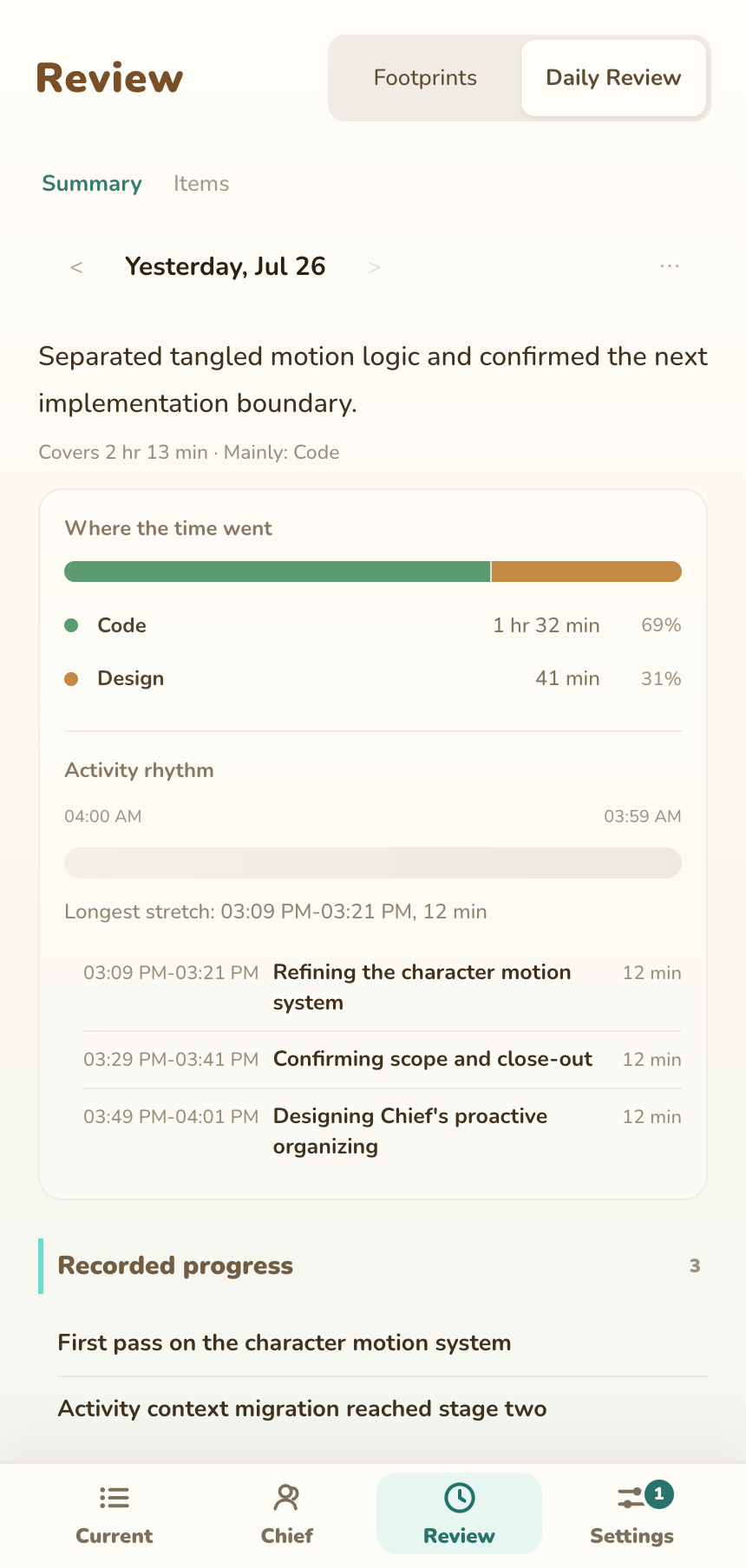 Review Summary screen with main work, follow-ups, and time allocation