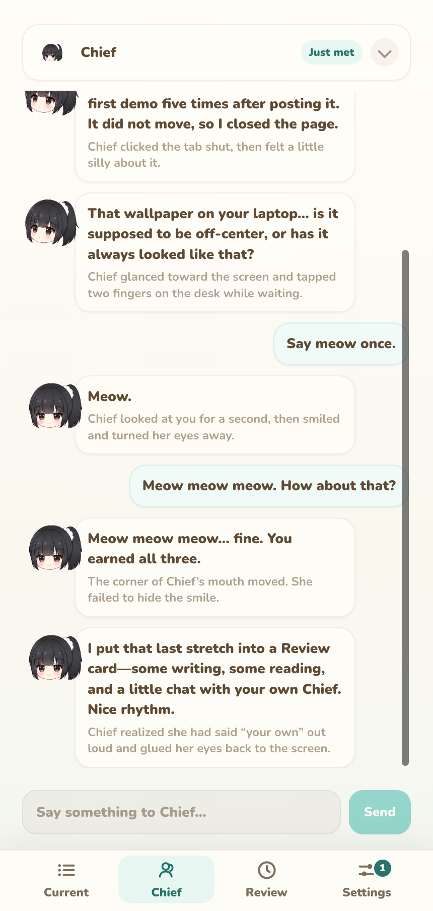 Chief tab with status, conversation timeline, and message input
