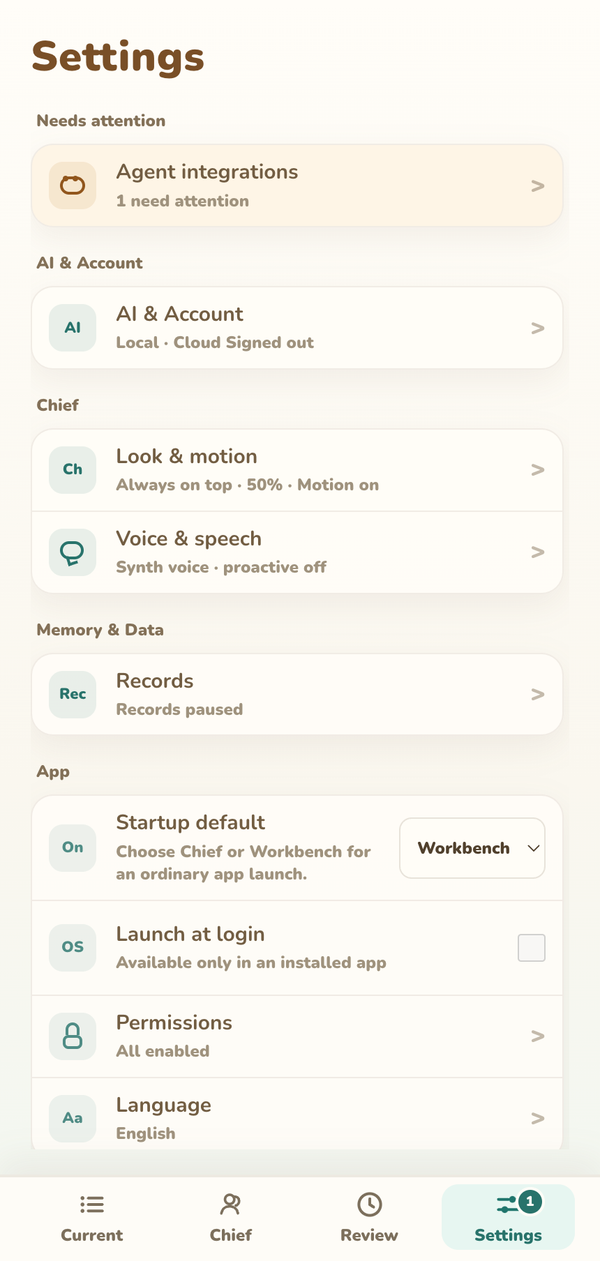Settings home with AI, Chief, recording, app, integration, and about groups