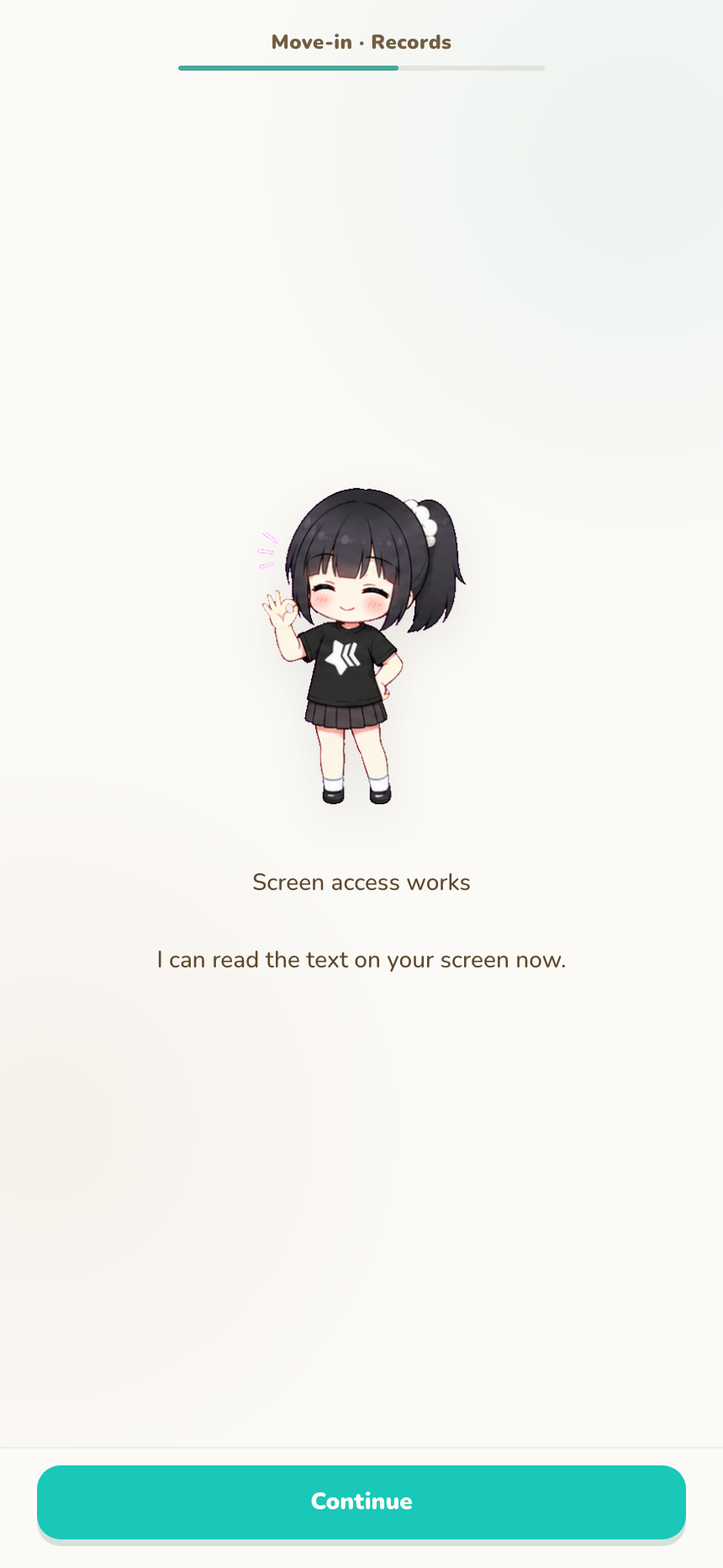 Successful screen-reading check in the move-in guide