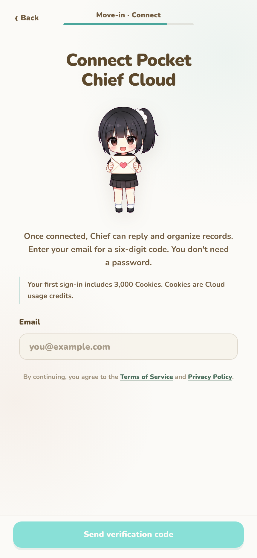 Direct Cloud connection screen asking for an email address