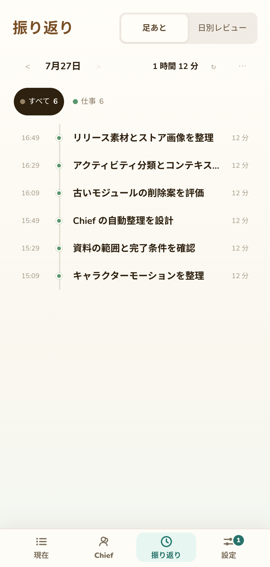 日付、フィルタ、整理済み記録カードを表示する足あと画面
