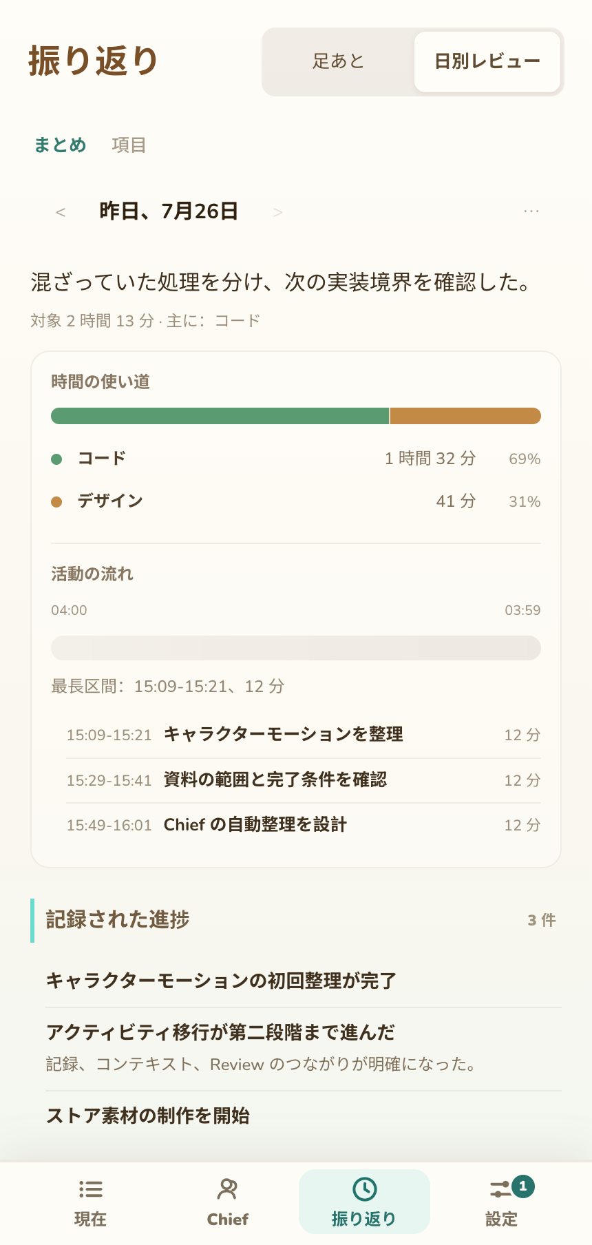 主な作業、続きの項目、時間配分を表示する振り返りのまとめ画面