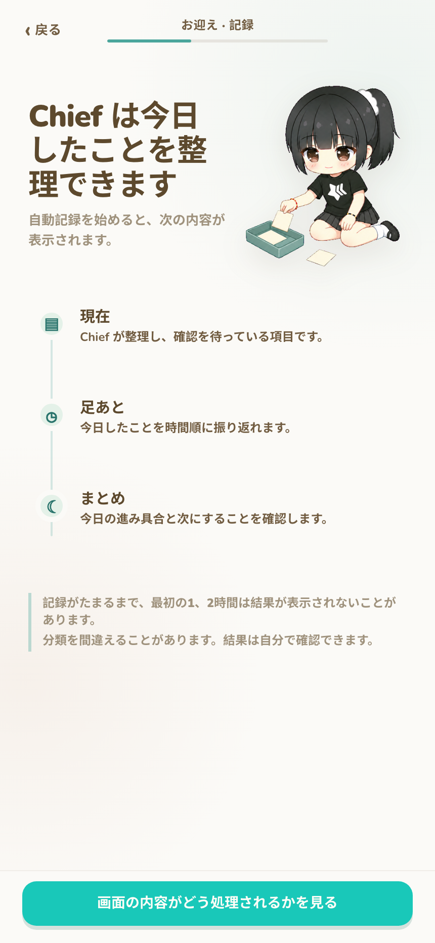 現在、足あと、まとめを説明する入居画面