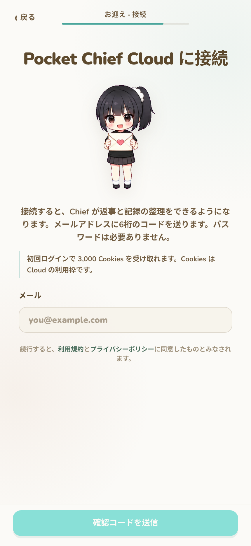 メールアドレスを求める Direct Cloud 接続画面